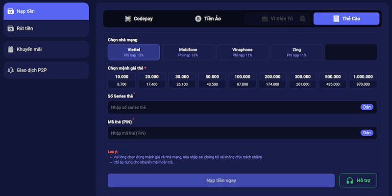 Nạp tiền Tin88 qua thẻ cào mất phí